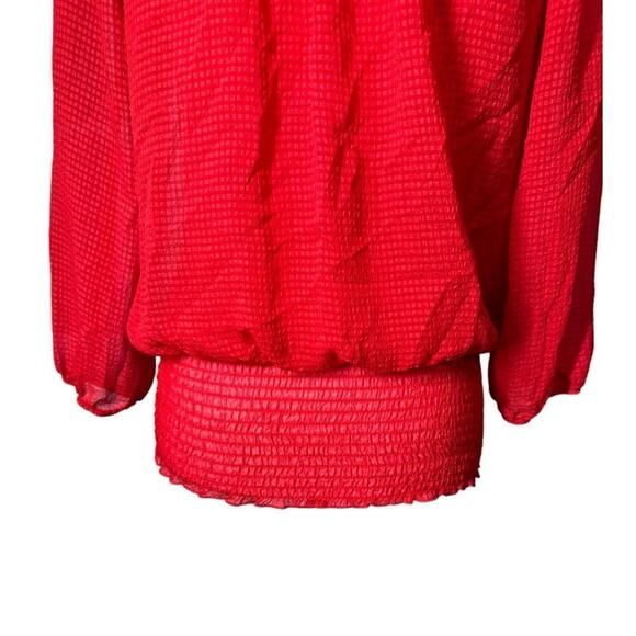 A.Buyer Layered Red Blouse Lace Back Cut Out 3/4 Sleeve Banded Bottom Size Med - Picture 11 of 11